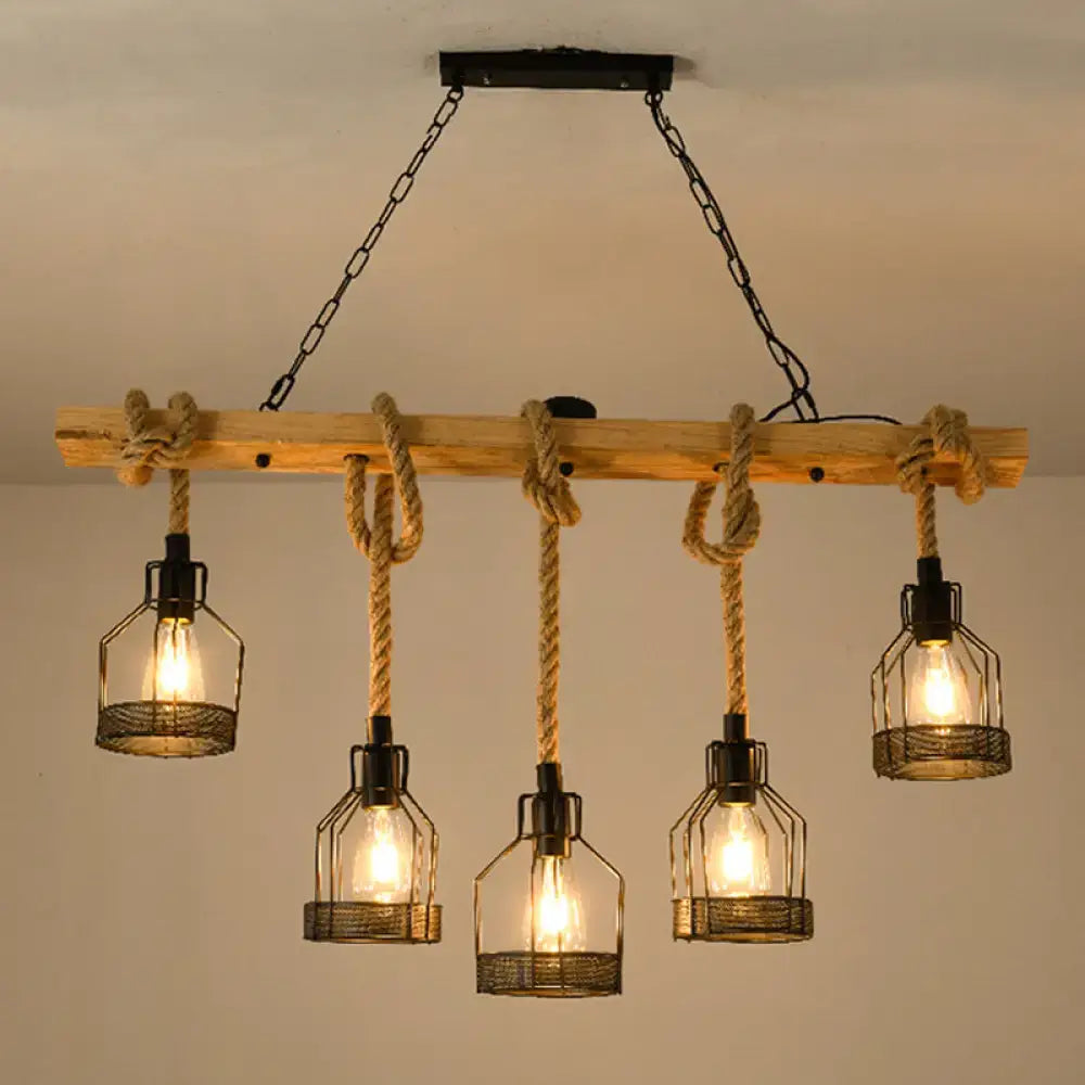DecorBites™ rustic wooden beam metallic island pendant lamp with five wire cage lanterns and jute rope cord for dining room light fixture
