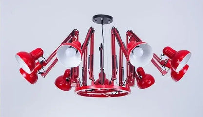 Red industrial led pendant light with multiple adjustable lamp heads and circular base for modern decorbites pendant light