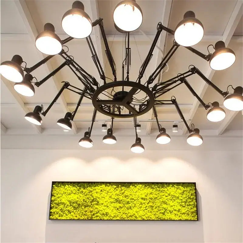 Industrial black multi arm pendant light with adjustable arms and bright white globe lamps for decorbites industrial led decor
