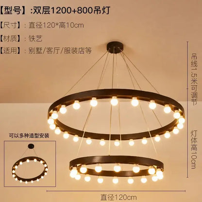 Black iron industrial duplex pendant light with double-tier circular rings and warm bulbs for living room decorbites industrial duplex staircase