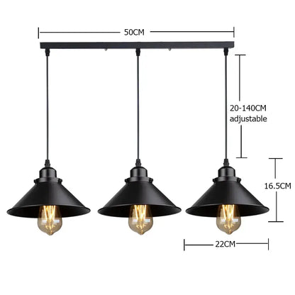 Industrial black pendant light with three conical shades and Edison bulbs for kitchen decorbites industrial black style
