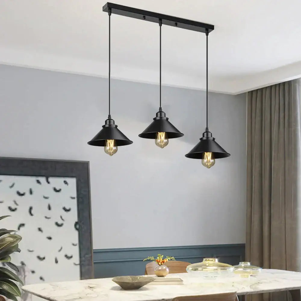 Industrial black pendant light with three conical shades and edison bulbs for kitchen decorbites industrial black style