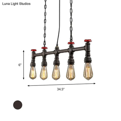 DecorBites industrial 5-head black iron pipe ceiling light with exposed bulbs red valve caps and adjustable chain cord length