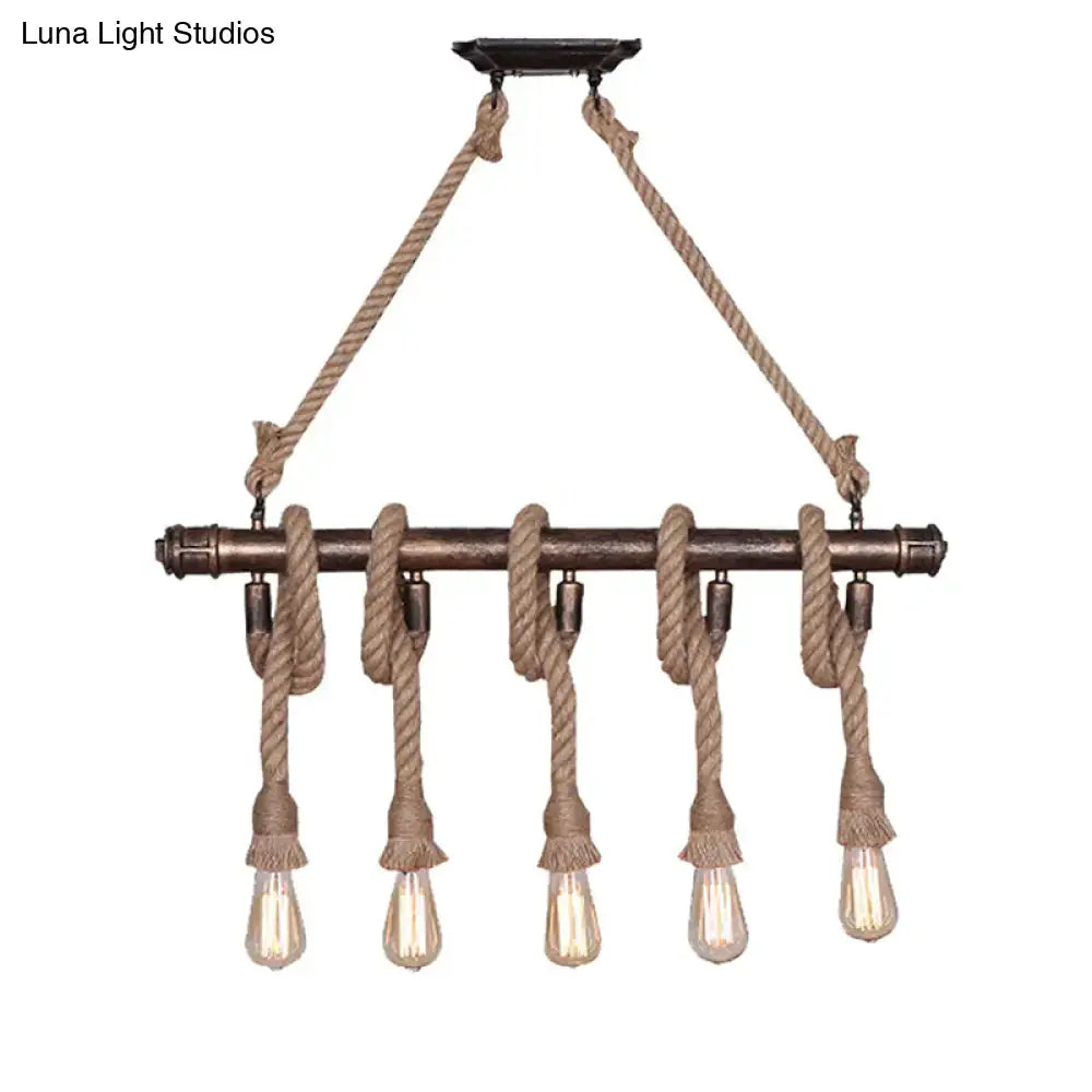 Industrial black pipe and rope chandelier with rustic bronze pipes and edison bulbs for linear restaurant island lighting