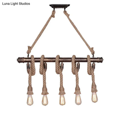 Industrial black pipe and rope chandelier with rustic bronze pipes and edison bulbs for linear restaurant island lighting