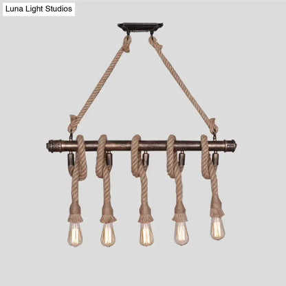 Industrial black pipe and rope chandelier with dark bronze bar and five edison bulbs for linear restaurant island lighting