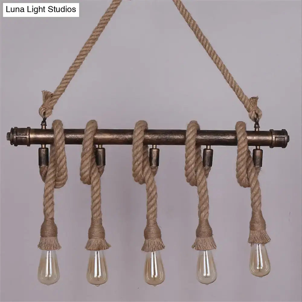 Industrial black pipe and rope chandelier with rustic bronze metal bar and edison bulbs for linear restaurant island
