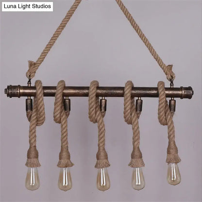Industrial black pipe and rope chandelier with rustic bronze metal bar and edison bulbs for linear restaurant island