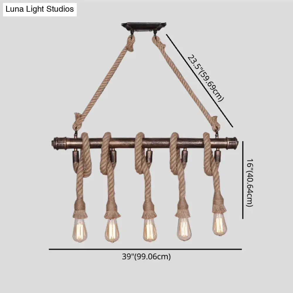 Industrial black pipe and rope chandelier with bronze metal bar and five edison bulbs for linear restaurant island
