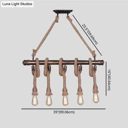 Industrial black pipe and rope chandelier with bronze metal bar and five edison bulbs for linear restaurant island