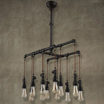 Industrial black pipe led chandelier with exposed filament bulbs and braided cords for dining room island lighting
