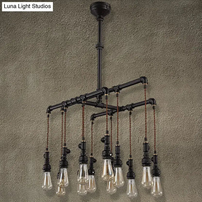 Industrial black pipe led chandelier with clear glass filament bulbs and brown braided cords for dining room island light