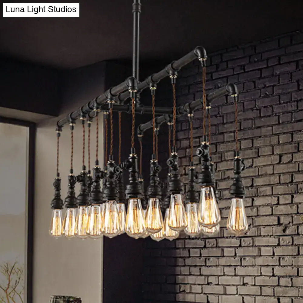 Industrial black pipe LED chandelier with multiple exposed filament bulbs for dining room island lighting