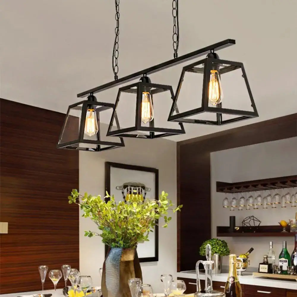 Decorbites black pyramid island light with black metal industrial design and three exposed edison bulbs for kitchen use