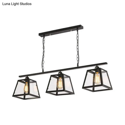 DecorBites™ black pyramid island light industrial metal pendant with three clear glass lanterns and exposed filament bulbs