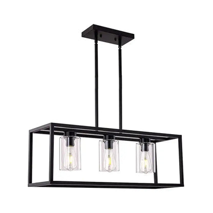 Black metal rectangular pendant light with three clear glass cylinder bulbs for dining room use