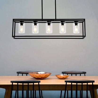 Black metal rectangular pendant light with five clear glass cylinder bulbs for dining room use