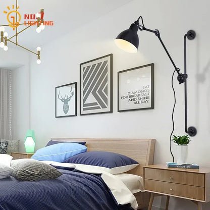 Industrial black wall lamp with matte finish and articulated arm decorbites adjustable rotating led for bedroom decor