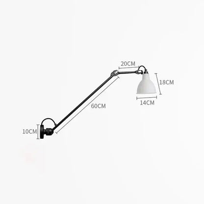 Black articulated wall lamp with white bell-shaped shade featuring decorbites industrial iron swing arm design for bedroom