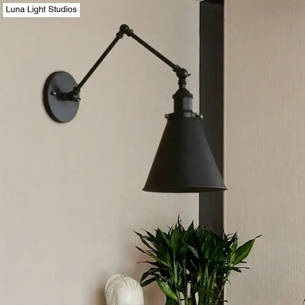 Decorbites™ farmhouse cone wall sconce in black rust features a matte finish and articulated arm for bedroom lighting