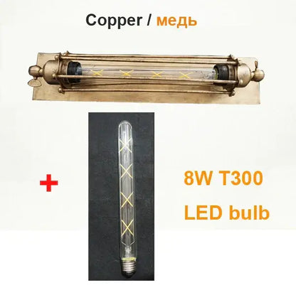 Vintage-style copper and black industrial wall lamp with clear glass tube and gold cross-patterned filament led bulb