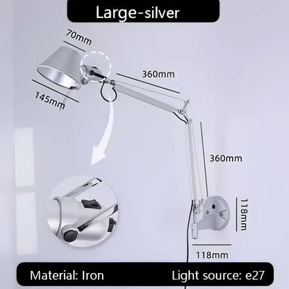 Large silver industrial black silver wall lamp with adjustable iron swing arm and E27 light source for bedroom reading