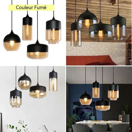 Industrial black and smoked glass shade pendant light with exposed filament bulbs for kitchen decor