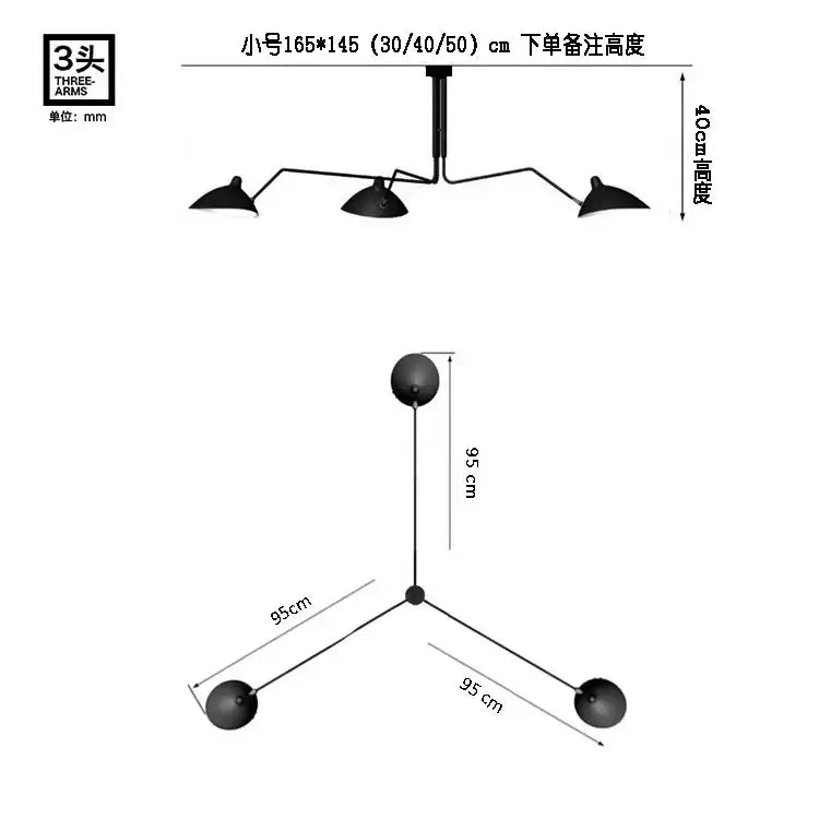 Black three-arm spider ceiling lamp with spherical shades metal chandelier for living room decorbites industrial style