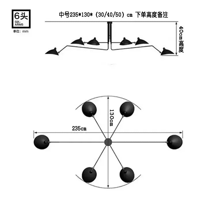 Six-arm industrial black spider ceiling lamp with metal spherical shades for modern living room decorbites lighting