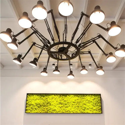Industrial black spider iron chandelier pendant light with adjustable arms and white globe lamps for living room use