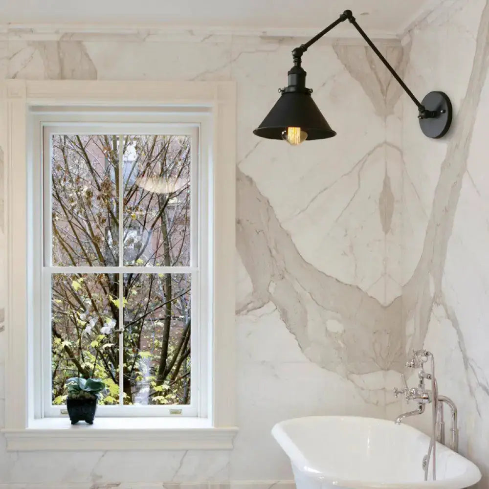 Black metal industrial-style wall lamp with swing arm and conic shade indoor use decorbites retro style head sconce