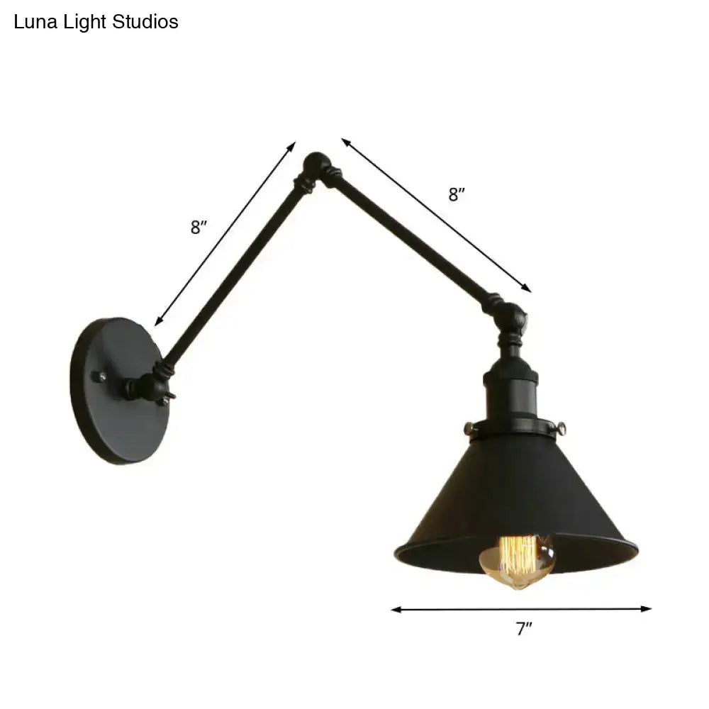 Black metal decorbites retro style swing arm wall lamp with adjustable conic shade 1-head indoor head sconce