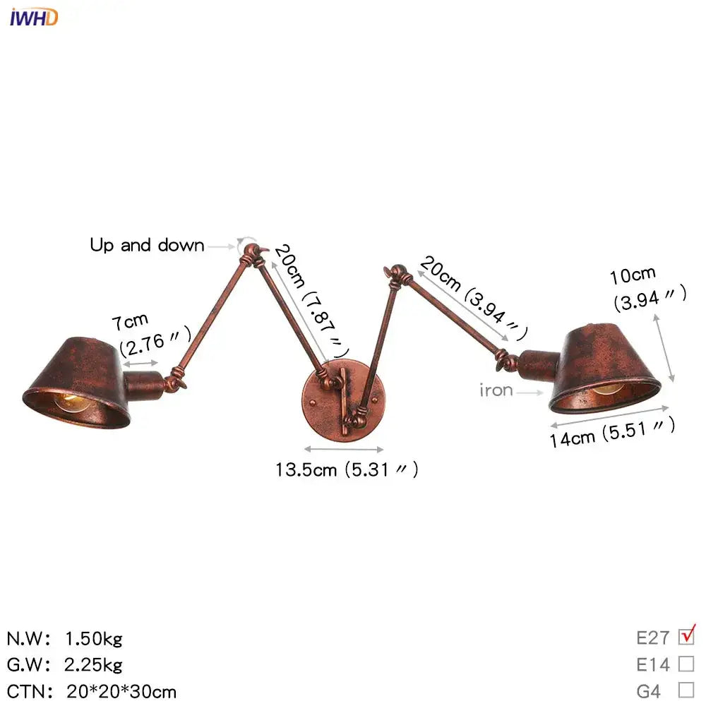 Copper-finished iron wall light with two adjustable arms and conical shades for industrial black swing arm decorbites black swing