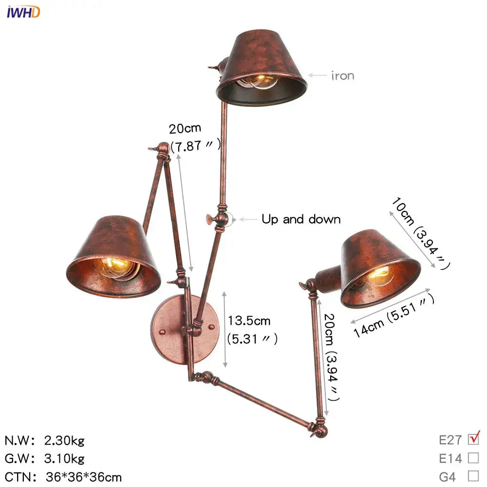 Copper-finished industrial-style wall light with three adjustable black swing arm conical shades for vintage decorbites sconce