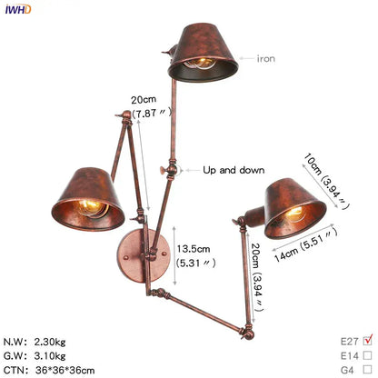 Copper-finished industrial-style wall light with three adjustable black swing arm conical shades for vintage decorbites sconce