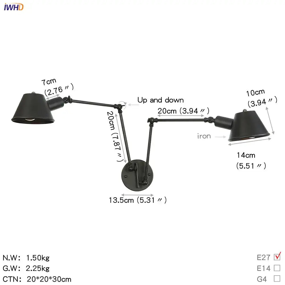 Industrial black swing arm wall light with black iron double-arm and adjustable downward-facing conical shades for bedroom decorbites wall light