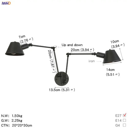 Industrial black swing arm wall light with black iron double-arm and adjustable downward-facing conical shades for bedroom decorbites wall light