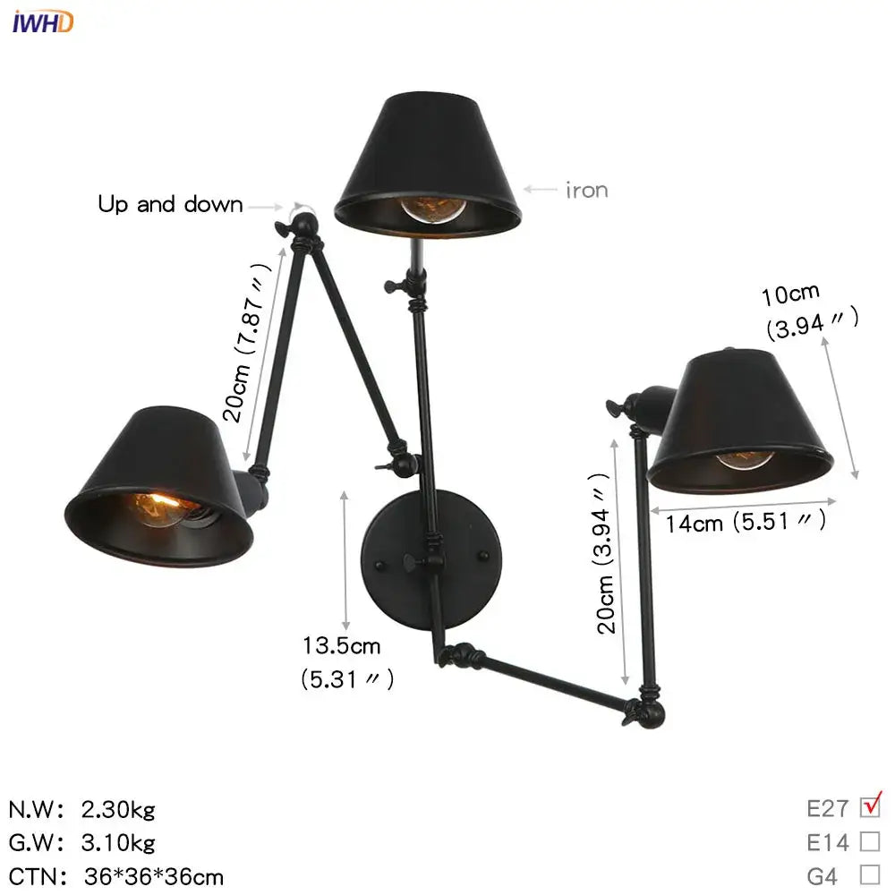 Industrial black swing arm wall light with two extendable iron arms and conical shades for vintage bedroom decorbites black swing