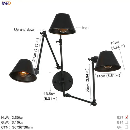 Industrial black swing arm wall light with two extendable iron arms and conical shades for vintage bedroom decorbites black swing