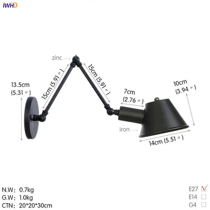 Black swing arm industrial wall light with articulated zinc and iron arms and conical shade for vintage decorbites wall light