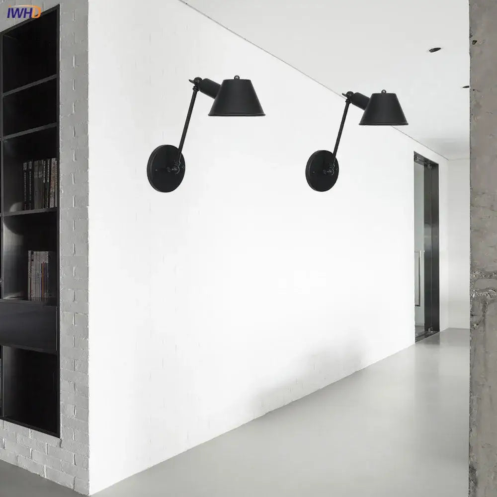 Black swing arm industrial wall light with adjustable conical shades for vintage bedroom decorbites black swing style