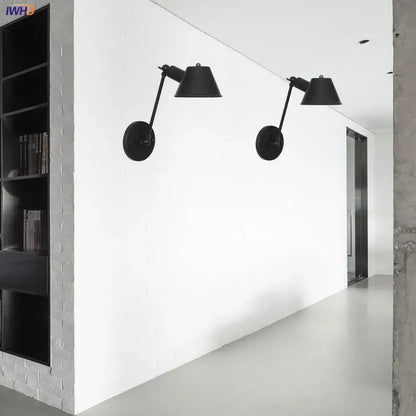 Black swing arm industrial wall light with adjustable conical shades for vintage bedroom decorbites black swing style