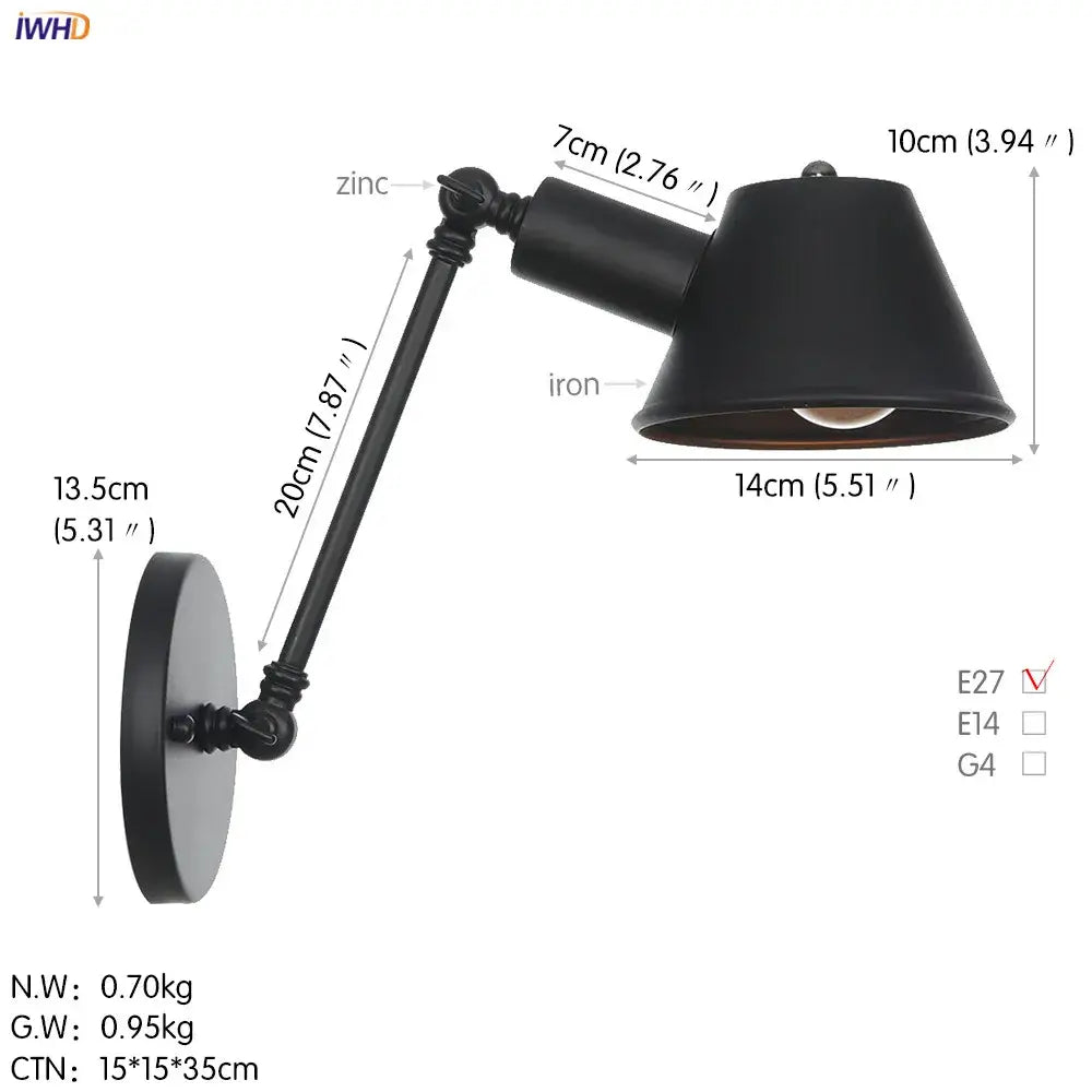 Black wrought iron and zinc adjustable wall light with conical shade decorbites black swing arm vintage sconce