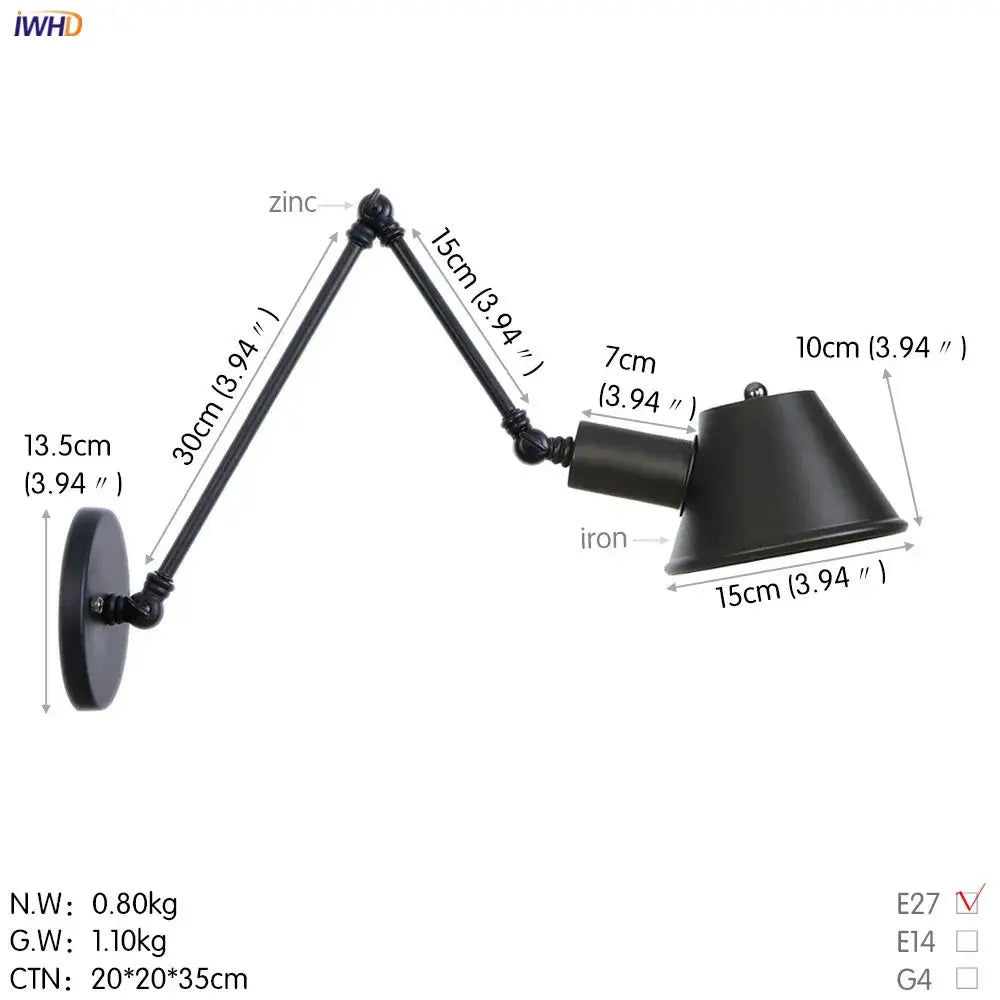 Industrial black swing arm wall light with adjustable black wrought iron and zinc conical shade for vintage decorbites bedroom
