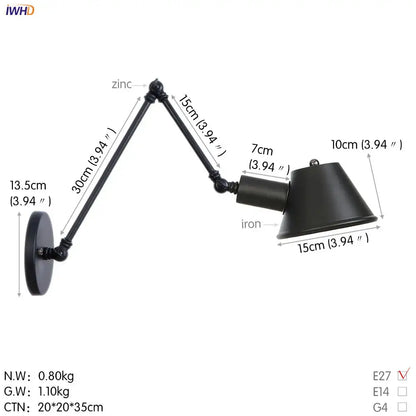 Industrial black swing arm wall light with adjustable black wrought iron and zinc conical shade for vintage decorbites bedroom