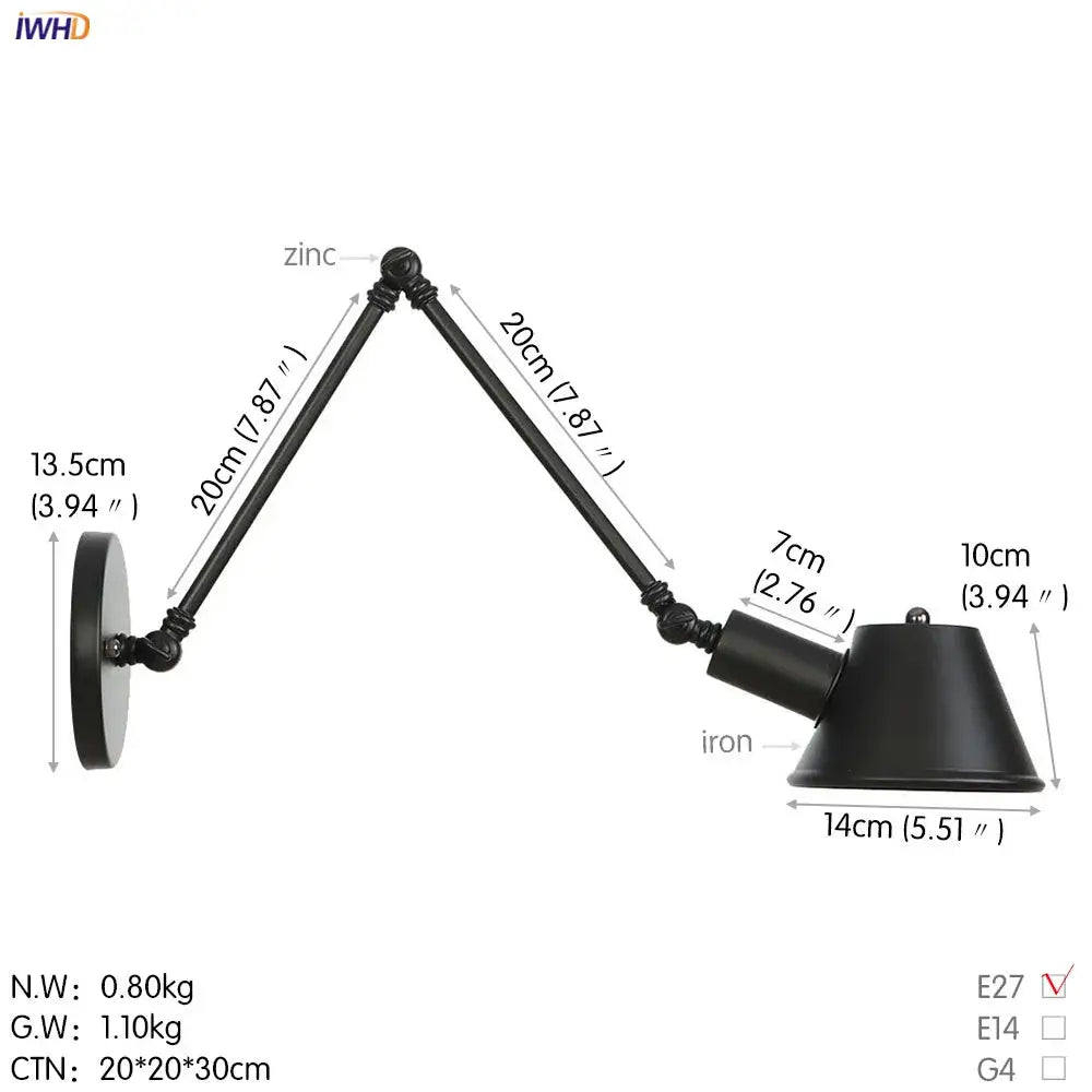 Black swing arm wall light in black zinc and iron with conical shade vintage industrial decorbites bedroom sconce