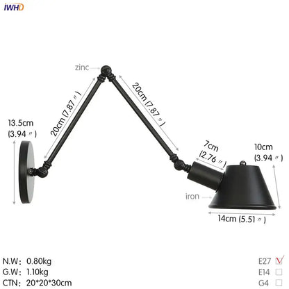 Black swing arm wall light in black zinc and iron with conical shade vintage industrial decorbites bedroom sconce