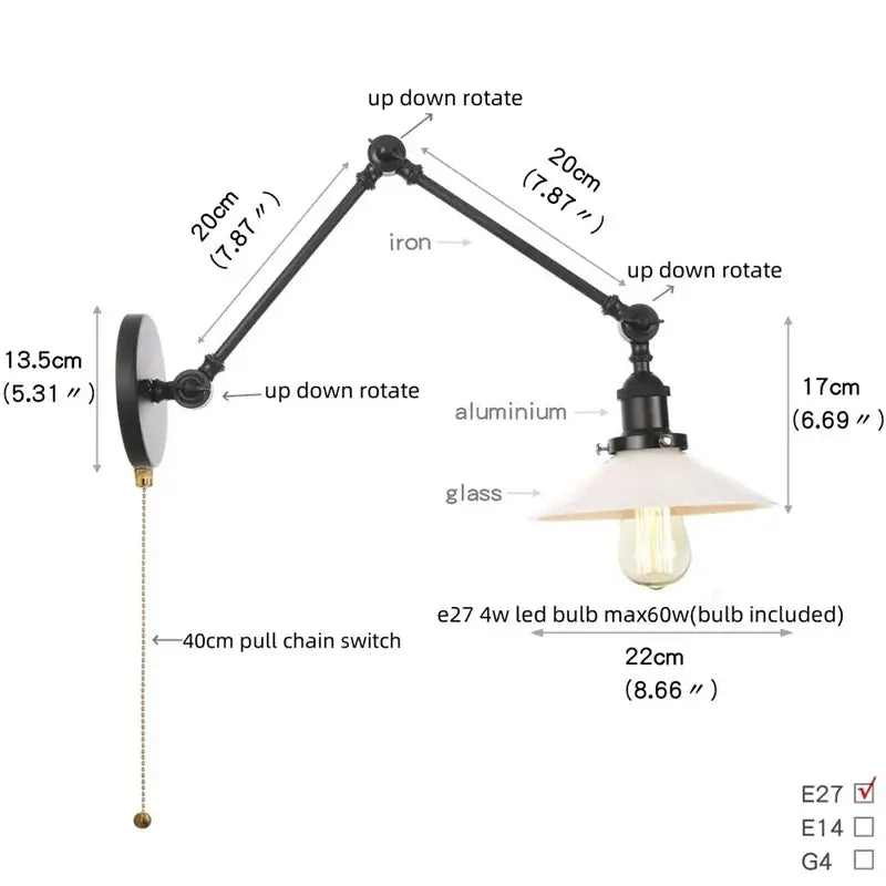 Industrial black swing arm wall light fixture with adjustable black iron and aluminum frame and white faceted glass shade