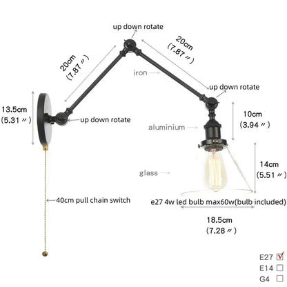 Industrial black swing arm wall light fixture with adjustable iron and aluminum arms and a faceted clear glass shade