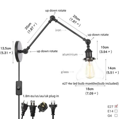 Industrial black swing arm wall light fixture with black iron and aluminum and clear faceted glass shade housing led bulb